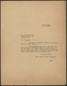 Sacco-Vanzetti Defense Committee typed note (copy) to Albert Wechsler (Sacco-Vanzetti Conference, Chicago), Boston Mass., June 18, 1927