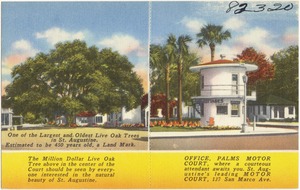 Office, Palms Motor Court, where a courteous attendant awaits you, St. Augustine's leading motor court, 137 San Marco Ave.