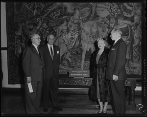 At formal opening of Hearst Alumni Lounge at BU School of Fine and Applied Arts were (l. to r.) Dean R. A. Choate BU School of Fine-Applied Arts; Harold G. Kern, general manager of Hearst Newspapers and trustee of the Foundation; Mrs. Kern, and Rev. Dr. Harold C. Case, BU President