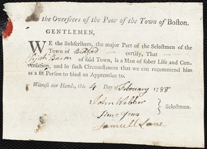 James Taunt indentured to apprentice with Elijah Bacon of Bedford