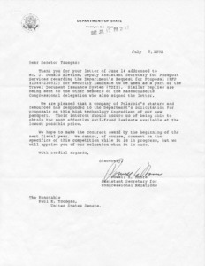 Letter concerning Polaroid's involvement in security laminate addition to passports