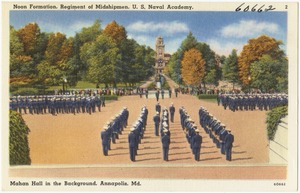 Noon formation, regiment of Midshipmen, U. S. Naval Academy, Mahan Hall in background, Annapolis, Md