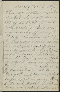 Elizabeth Hawthorne autograph letter signed to James Thomas Fields, [Salem], 26 December 1870