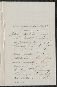 Sophia Hawthorne autograph letter signed to James Thomas Fields, [Concord], 12 March 1865
