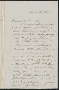 Sophia Hawthorne autograph letter signed to Annie Adams Fields, [Concord], 1 April 1865