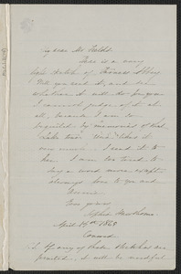 Sophia Hawthorne autograph letter signed to James Thomas Fields, [Concord], 14 April 1865