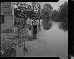 Woman at clothesline with water up to her knees