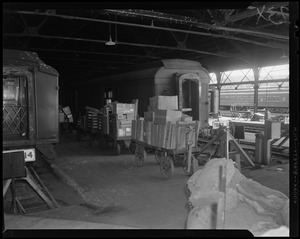 Train cars with loaded carts on platform