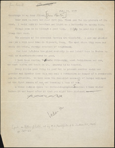 Bartolomeo Vanzetti typed letter (copy) to [Irene Benton], [Charlestown], 31 July 1925